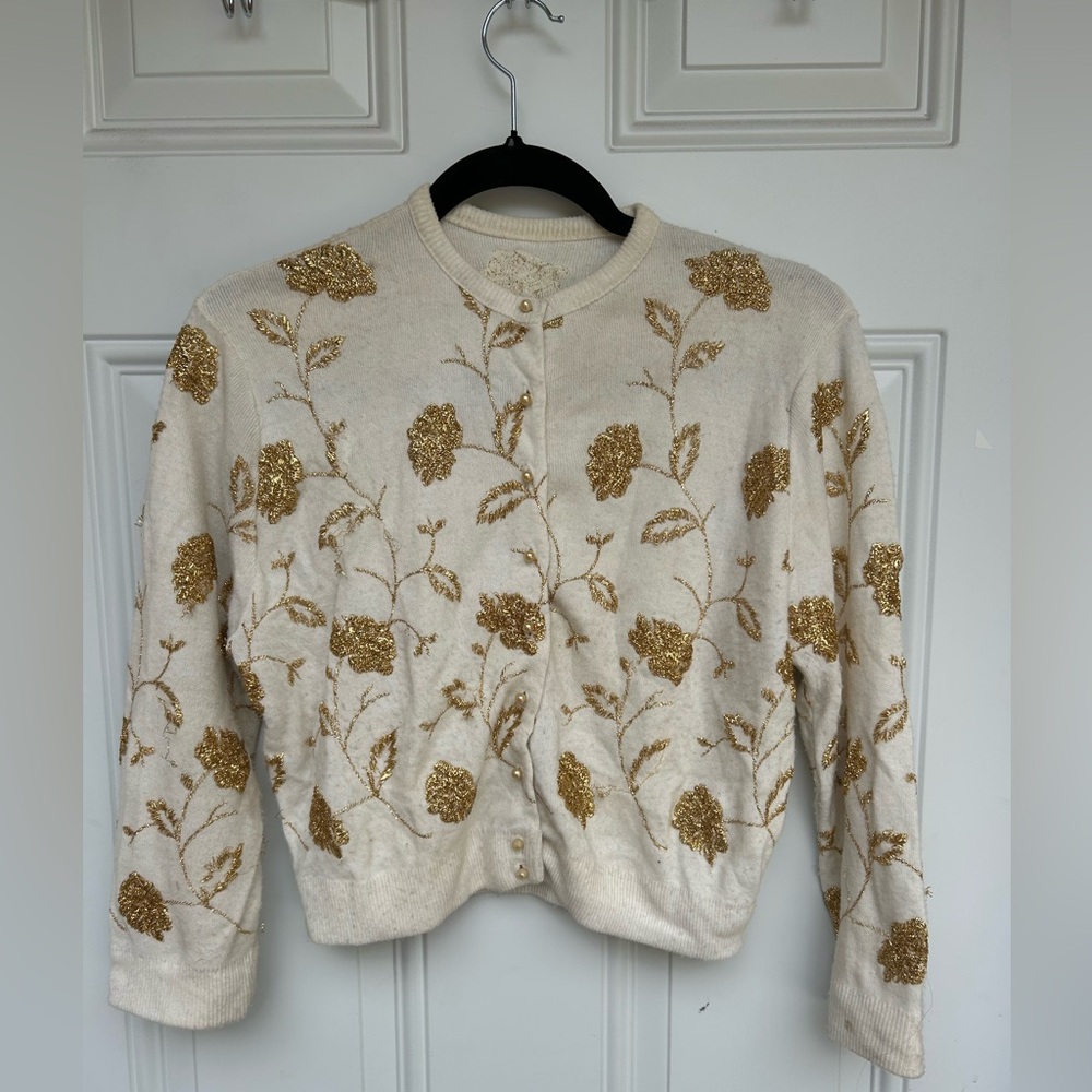 Vintage Cream Cardigan with Gold Floral Embroidery